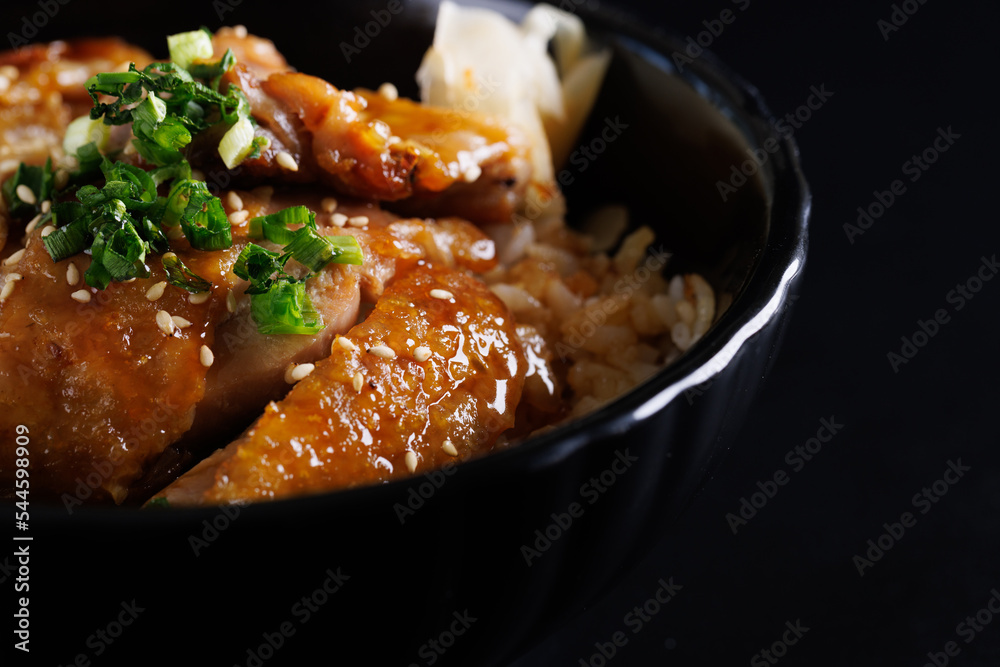Grilled Chicken teriyaki rice Japanese food isolated in black background Grilled Chicken teriyaki rice Japanese food isolated in black background
