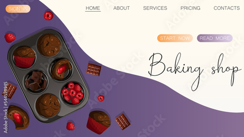 Chocolate muffins with raspberry isolated. Baking, bakery shop, cooking, sweet products, dessert, pastry concept. Vector illustration for poster, banner, website, advertising