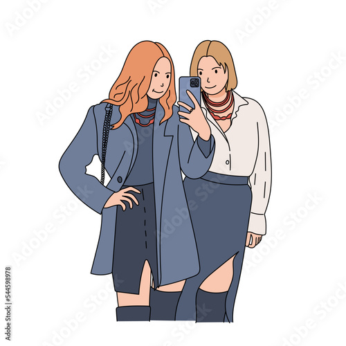 Girls makes selfie in the mirror. Friends or sisters. Women taking picture photo of herself on smartphone. Fashion, Social media concept. Flat outline style. Vector illustration