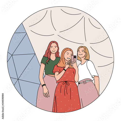 Girls makes selfie in the mirror. Friends or sisters. Women taking picture photo of herself on smartphone. Fashion, Social media concept. Flat outline style. Vector illustration