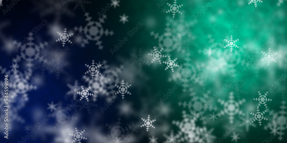 Abstract dark blue and light green background with flying snowflakes - obrazy, fototapety, plakaty 