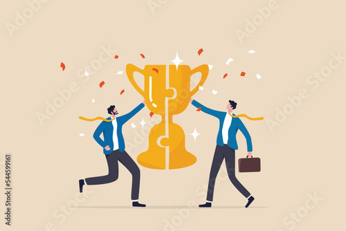 Win-win situation, agreement or solution to win together, solution for best result, teamwork to help success and achieve goal together concept, businessman connect trophy jigsaw piece to win together.