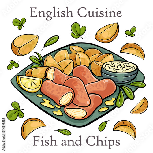 Traditional British fish and chips with potato and lemon