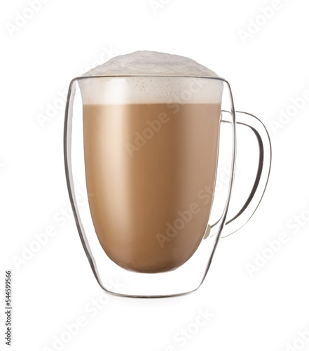 Double Walled Glass cup with cappuccino coffe and milk foam isolated on white background.