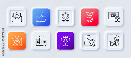 Stars set icon. Review, feedback, rating, flicker star, shimmer, shine, reward, shooting star with tail, first place, pedestal. Dream concept. Neomorphism style. Vector line icon for Business