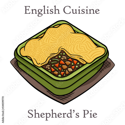 Shepherd's pie, traditional British dish with minced meat, vegetables and mashed potatoes.