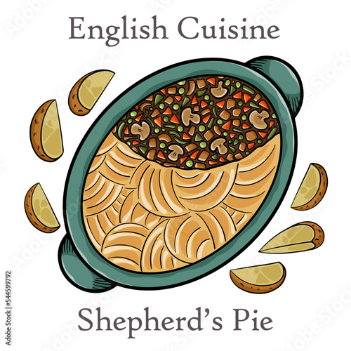 Shepherd's pie, traditional British dish with minced meat, vegetables and mashed potatoes.