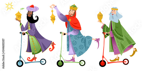 Fotótapéta Three biblical Kings (Caspar, Melchior and Balthazar) deliver gifts on a scooter