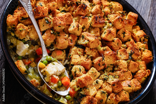 Canvas Print turkey pot pie with stuffing crust in baking dish
