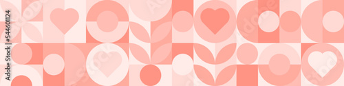 Seamless pink background for Mother's Day card template. Trendy geometric shapes with circles, squares and hearts in retro style for a Valentine's Day or wedding day cover.