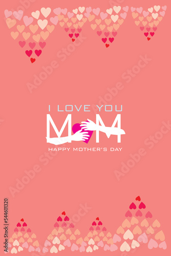Postcard with two hands hugging heart background elements. Vector symbol of love in the shape of a heart for Happy Mother's Day greeting card design	