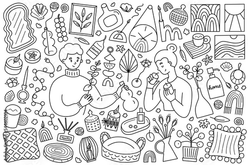 Man and woman decorating home, home decor hand drawn collection, doodle icons of candles, vases, dry flowers, vector illustrations of scandi interior, isolated outline clipart on white background