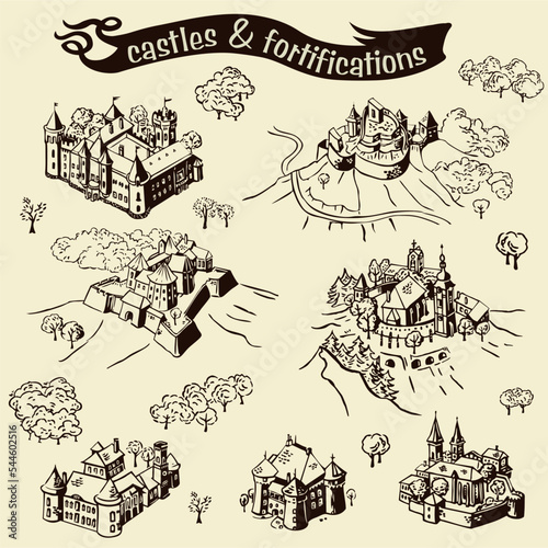 Line art draw simple illustrations with castles and fortifications 