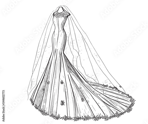 Vintage long wedding dress with veil on a mannequin sketch drawn in ink.Vector illustration.