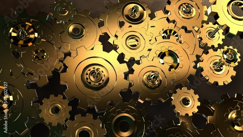 engine gears wheels slowly rotating dark metallic gears. Iron clockwork machinery in motion. Industrial metallic construction. Symbol of teamwork. perfect for business related purposes. 3d rendering