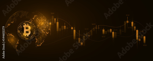 Cryptocurrency Bitcoin with planet Earth. Candlestick price pattern. Digital design for technology banner, cover or website. Futuristic business concept. Blockchain for graphic design. Vector