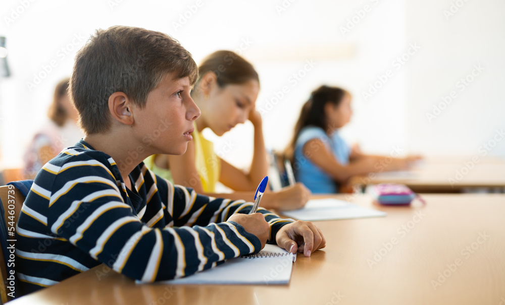 Portrait of concentrated tween boy studying in classroom, listening to schoolteacher and writing in notebook