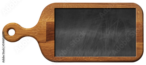 Close-up of an old wooden cutting board with a blank chalkboard inside isolated on white or transparent background with reflections, photography. Template for recipes or food and drink menu, png.