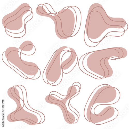 Organic amoeba blob shape abstract with line vector illustration isolated on white background. Set of irregular round blob form graphic element. Doodle drops with outline circle, vector illustration.
