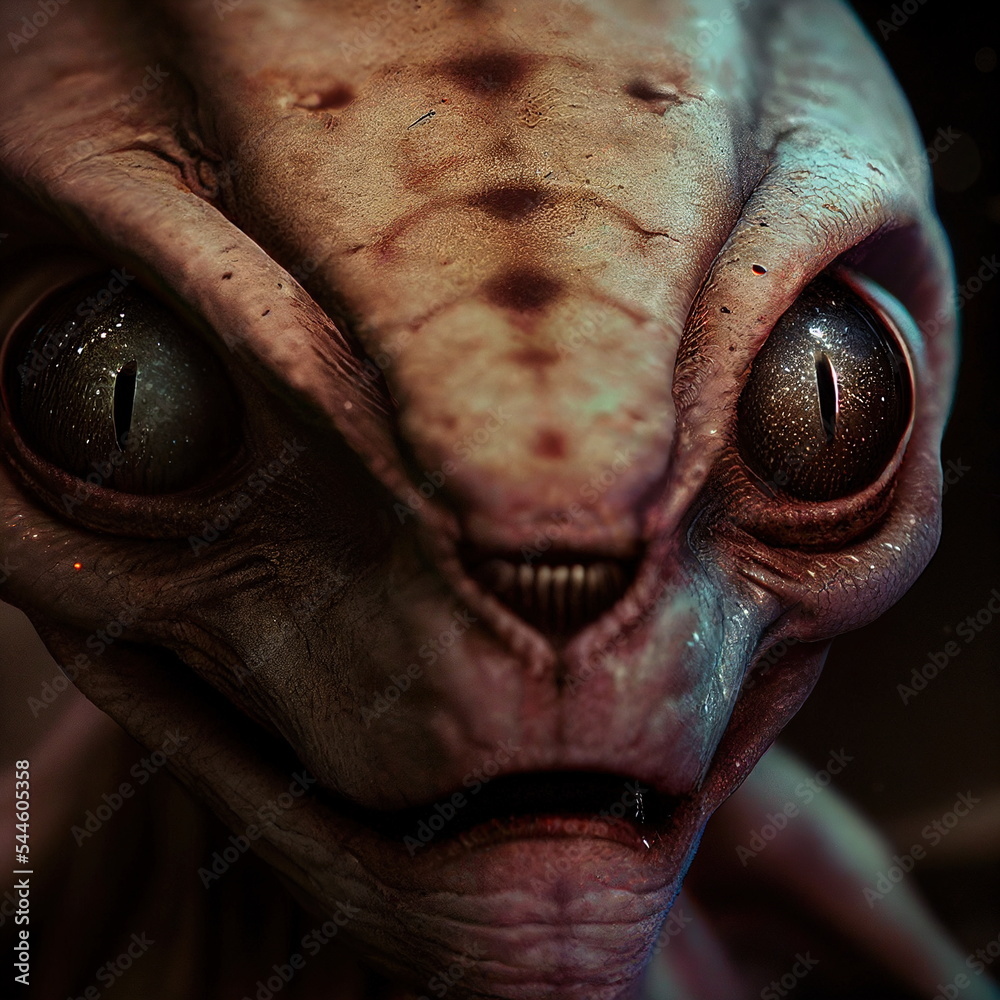 Obraz premium Alien creature creepy Portrait 3D illustration with dramatic lighting closeup zoom shot, reflecting the cultural heritage of another world