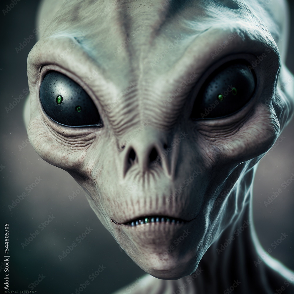 Naklejka premium Alien creature creepy Portrait 3D illustration with dramatic lighting closeup zoom shot, reflecting the cultural heritage of another world
