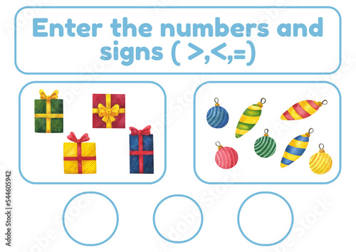 Christmas Activity page, sheet for kids. A mathematical task for comparing numbers. A game for teaching a child. Exercise with a drawing of Christmas items. The lesson of counting more, less, equal