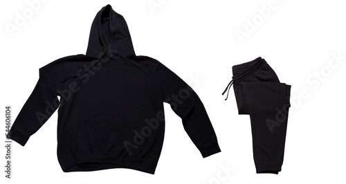set of black hoodie sweatshirt with pants on white background copy space. Set of black tracksuit isolated photo