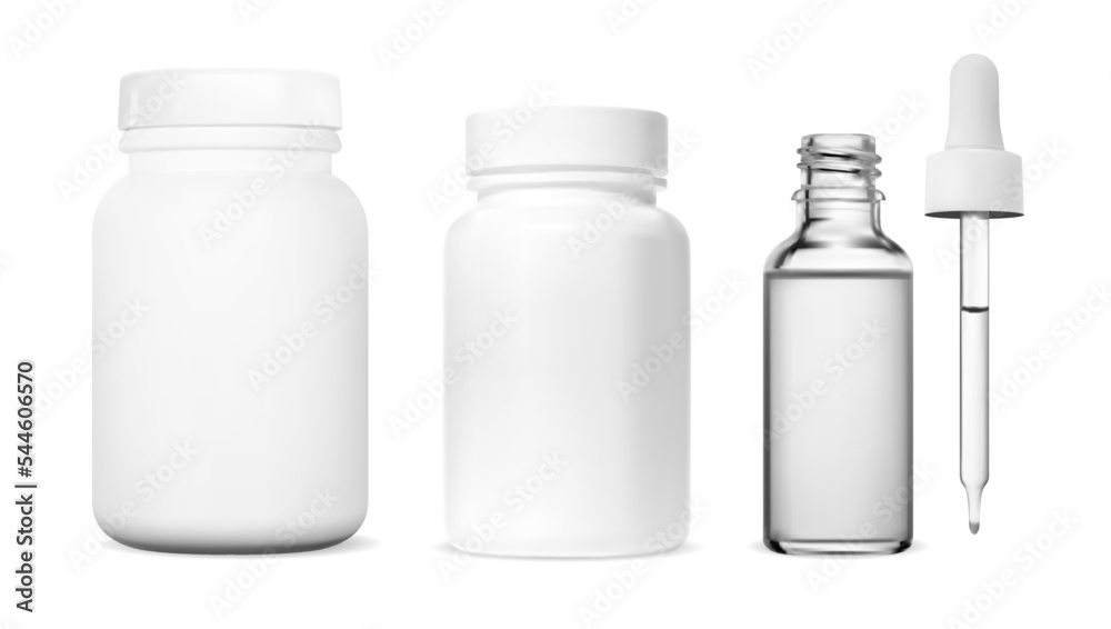 White pill jar. Vitamin capsule bottle set, vector template. Supplement pill box design, isolated pharmacy drug product package. Glass dropper bottle for liquid medication. Pillbox presentation White pill jar. Vitamin capsule bottle set, vector template. Supplement pill box design, isolated pharmacy drug product package. Glass dropper bottle for liquid medication. Pillbox presentation