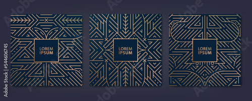 Vector set of luxury line cover templates, square line art deco patterns. Fancy design elements for placards, banners, flyers, presentations and cards.
