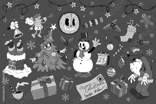 Big Christmas collection with Christmas elements in black and white retro cartoon style. Christmas holiday hand drawn cute symbols