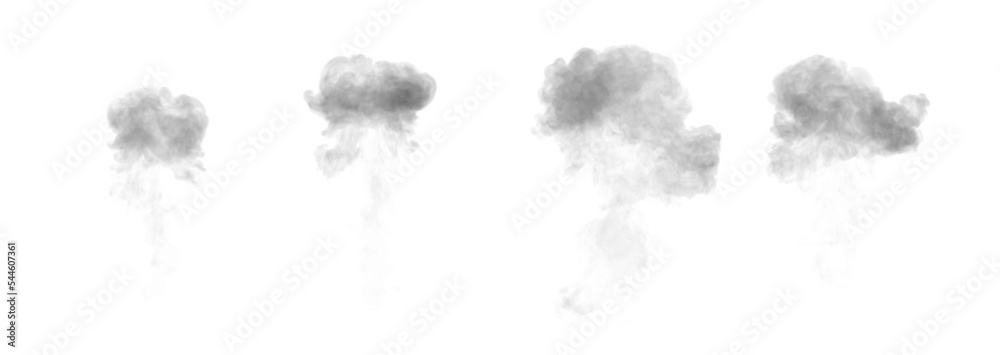 Four black smoke clouds after burst, isolated - object 3D illustration