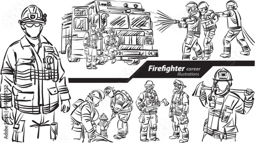 firefighter career profession work doodle design drawing vector illustration photo