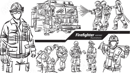 firefighter career profession work doodle design drawing vector illustration