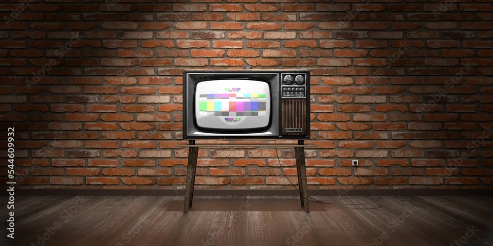 Retro television set, brick wall - 3D illustration