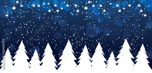 Silhouette of snowy Christmas trees against the background of the night blue sky with snowfall, winter banner, New Year s background for text. Flat vector illustration.