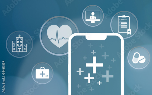 Digitalisierung des Gesundheitssystems, E-Health, Smartphone und Hintergrund mit medizinischen Symbolen, Gesundheitswesen, Gesundheit, Online-Sprechstunde, Videochat, Medikamente, Arzt, Untersuchung photo