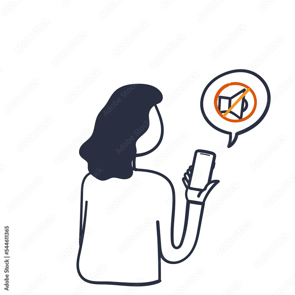 hand drawing doodle person holding phone with symbol turn phone silent icon illustration hand drawing doodle person holding phone with symbol turn phone silent icon illustration