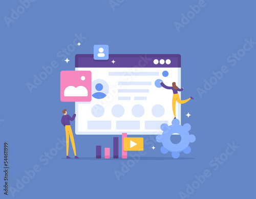 admin or social media management. Social media monitoring and evaluating. a marketing team works together to manage and increase traffic on a social media account. illustration concept design