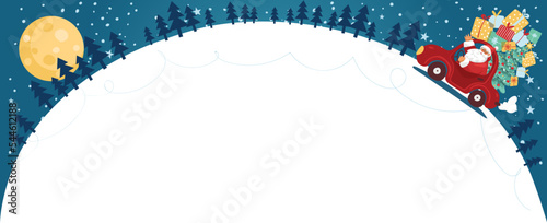 Christmas banner with space for text, Santa Claus is carrying gifts in the car. Snowy night landscape with moon and snowfall. Vector background for design.