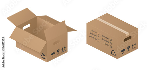 Isometric Cardboard box Isolated, Realistic. Open and closed brown carton cardboard box with hole, inscriptions Kitchen, Bedroom, Cabinet, Living Room. Relocation, Moving, Retirement