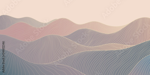 Vector japanese mountain background, wavy line style. Art line design for interior, textile patterns, textures, posters, package, wrappers, gifts.