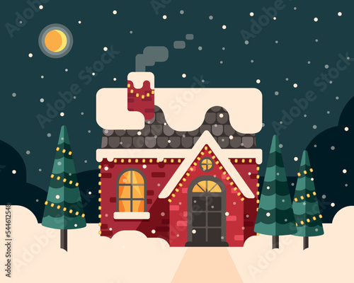 Illustration of a flat vector Christmas red house with a tiled roof and garlands . Christmas vector house with snow on the roof.