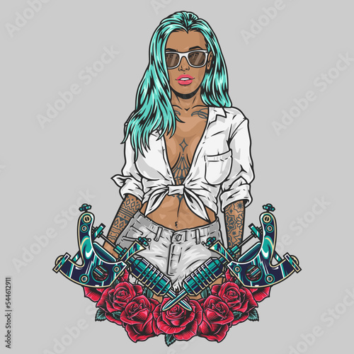 Hot tattoo girl colorful label