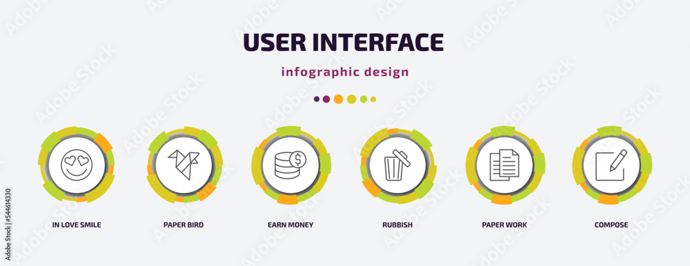 user interface infographic template with icons and 6 step or option. user interface icons such as in love smile, paper bird, earn money, rubbish, paper work, compose vector. can be used for banner, user interface infographic template with icons and 6 step or option. user interface icons such as in love smile, paper bird, earn money, rubbish, paper work, compose vector. can be used for banner,