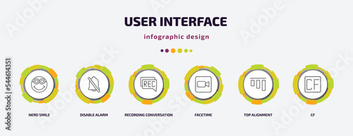 user interface infographic template with icons and 6 step or option. user interface icons such as nerd smile, disable alarm, recording conversation, facetime, top alignment, cf vector. can be used
