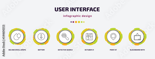 user interface infographic template with icons and 6 step or option. user interface icons such as big and small drops, bottom, detective search, octuber 31, point at, blackboard with vector. can be