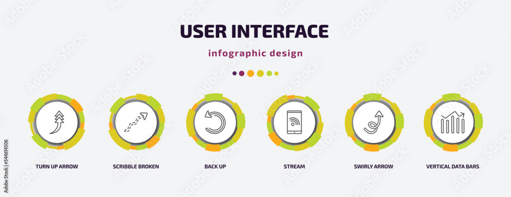 user interface infographic template with icons and 6 step or option. user interface icons such as turn up arrow, scribble broken line, back up, stream, swirly arrow, vertical data bars vector. can user interface infographic template with icons and 6 step or option. user interface icons such as turn up arrow, scribble broken line, back up, stream, swirly arrow, vertical data bars vector. can