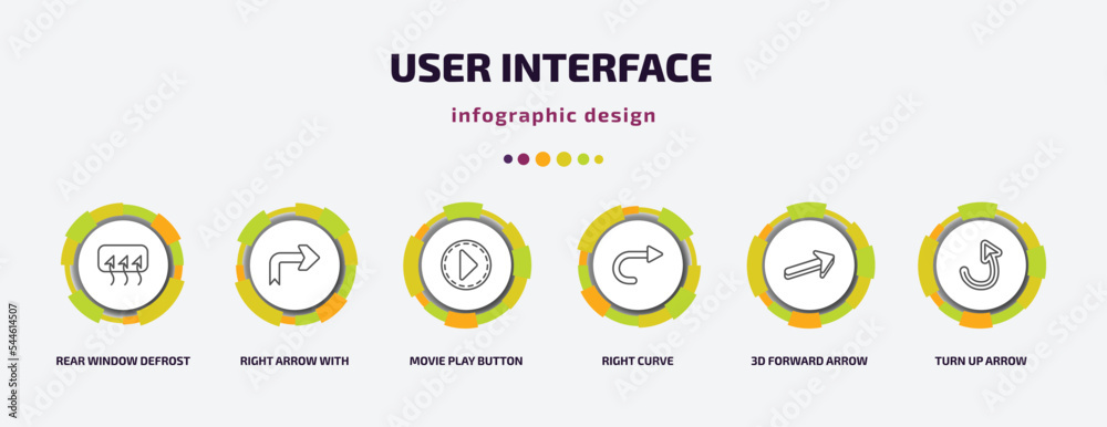 user interface infographic template with icons and 6 step or option. user interface icons such as rear window defrost, right arrow with turn, movie play button, right curve, 3d forward arrow, turn user interface infographic template with icons and 6 step or option. user interface icons such as rear window defrost, right arrow with turn, movie play button, right curve, 3d forward arrow, turn