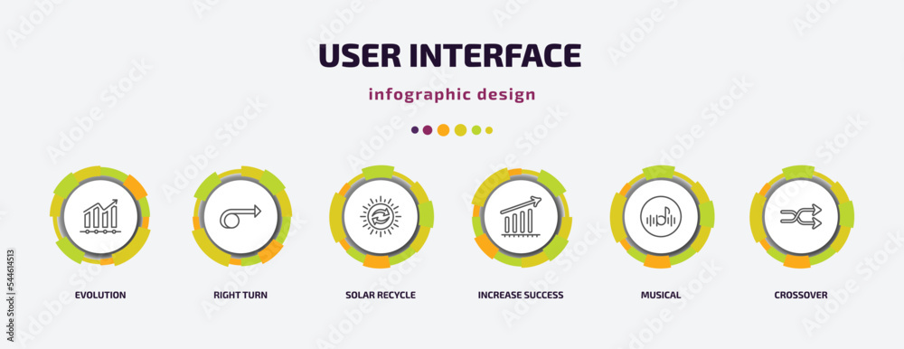 user interface infographic template with icons and 6 step or option. user interface icons such as evolution, right turn, solar recycle, increase success, musical, crossover vector. can be used for user interface infographic template with icons and 6 step or option. user interface icons such as evolution, right turn, solar recycle, increase success, musical, crossover vector. can be used for