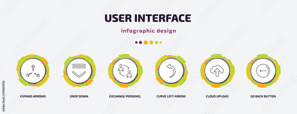 user interface infographic template with icons and 6 step or option. user interface icons such as expand arrows, drop down, exchange personel, curve left arrow, cloud upload, go back button vector. - obrazy, fototapety, plakaty 